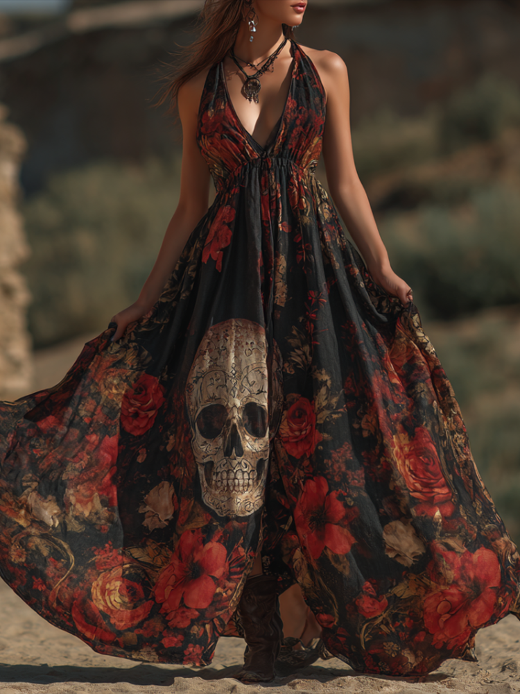 Halloween Theme Rose And Skull Pattern Women's V-neck Long Dress elevenforest