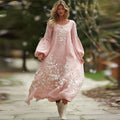 Women's Bohemian Cherry Blossom Pattern Casual Round Neck Long Sleeve Dress elevenforest
