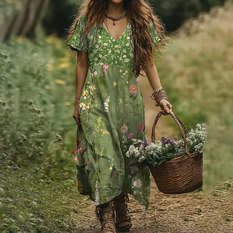 Women's Vintage Wildflower Art Linen V-neck Dress elevenforest