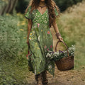 Women's Vintage Wildflower Art Linen V-neck Dress elevenforest