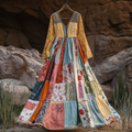 Women's Vintage Bohemian Patch Cotton And Linen Long Sleeve Dress elevenforest
