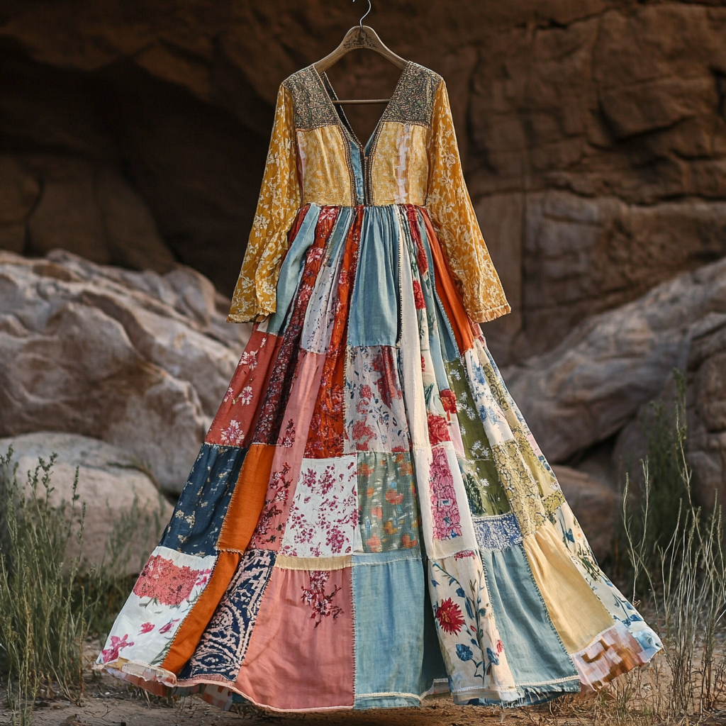 Women's Vintage Bohemian Patch Cotton And Linen Long Sleeve Dress elevenforest