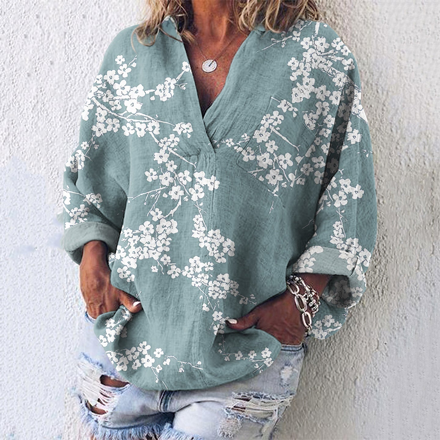 Vintage Cherry Blossoms Japanese Art Linen Blend Tunic elevenforest