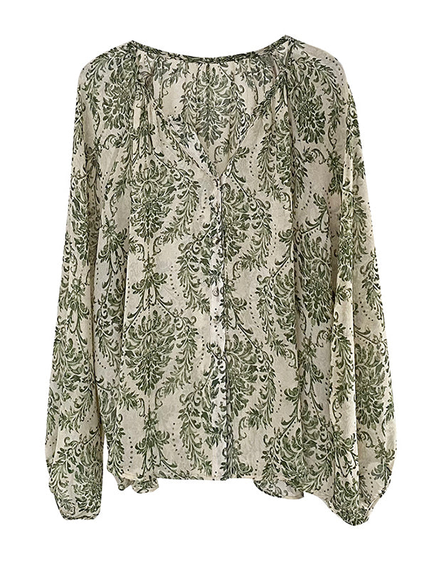Loose Printed Sun Protection Balloon Sleeves V-neck Blouses