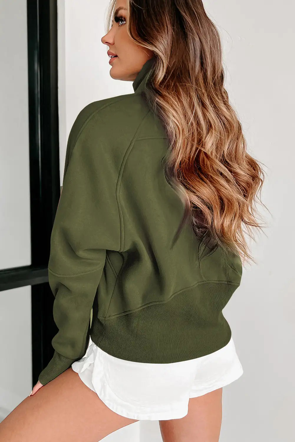 Moss Green Quarter Zip Kangaroo Pocket Sweatshirt