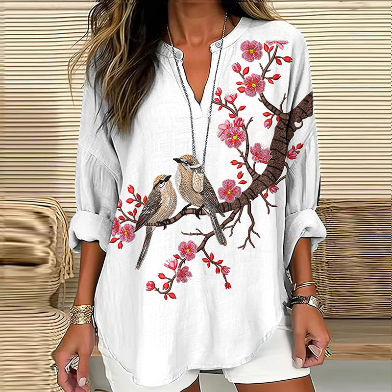 Comstylish Women's Cherry Blossom And Flax Long-sleeved Shirt
