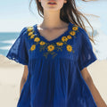 Vintage Sunflower Embroidered Art Cotton Linen Comfy V-neck Shirt elevenforest