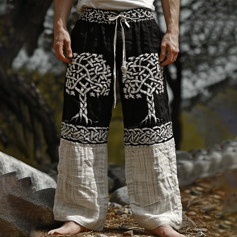 Vintage Viking Tree Of Life Art Linen Loose Wide-leg Pants elevenforest