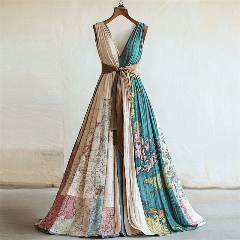 Vintage Map Contrast Patchwork Linen Maxi Dress elevenforest