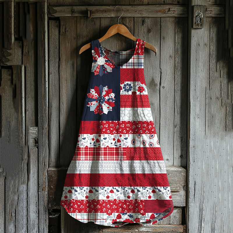 Vintage Loose Independence Day American Beauty Flag Panel Art Linen Tank Dress elevenforest
