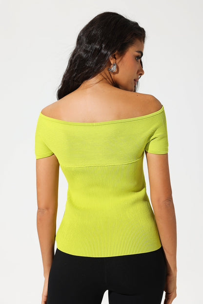 Knit Off-shoulder Slim Top Green