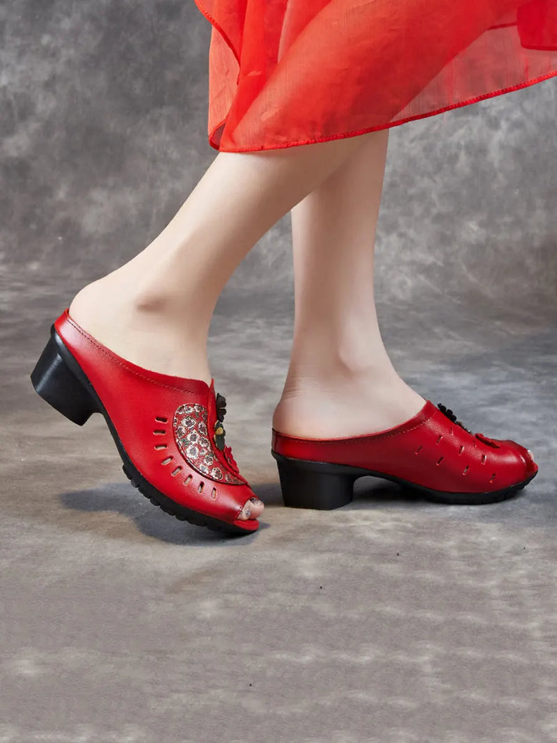 Summer Leather Flower Mid-heel Sandals Oo1050