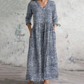 Striped Print V-neck Linen Blend Midi Dress elevenforest