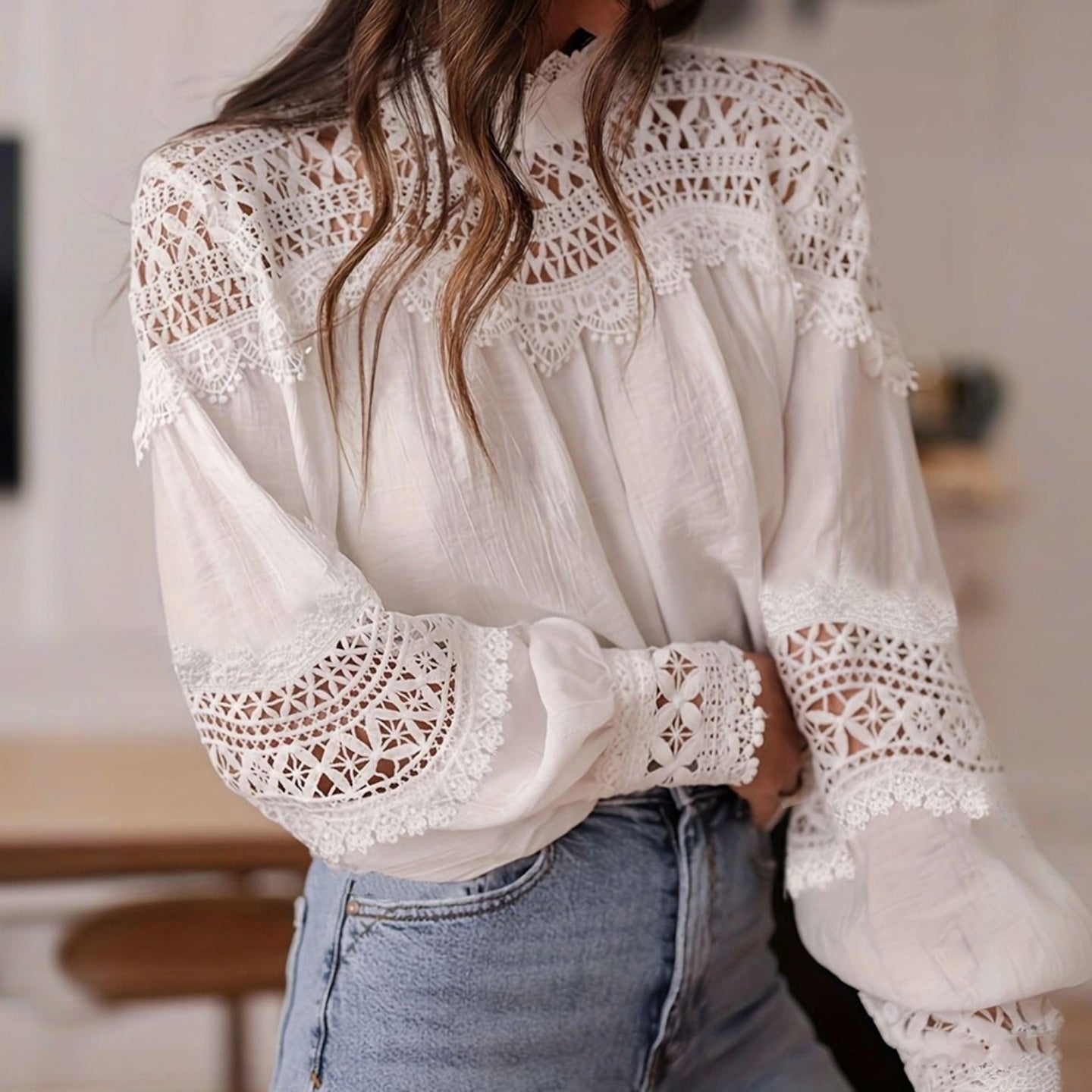 Comstylish Women's Elegant Floral Lace Cotton And Linen High Collar Top