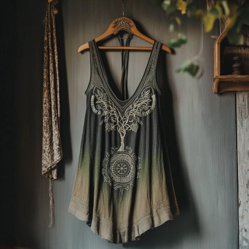 Vintage Tribal Celtic Knot Life Of Tree Gradient Art Print Women's Linen Tank Top elevenforest
