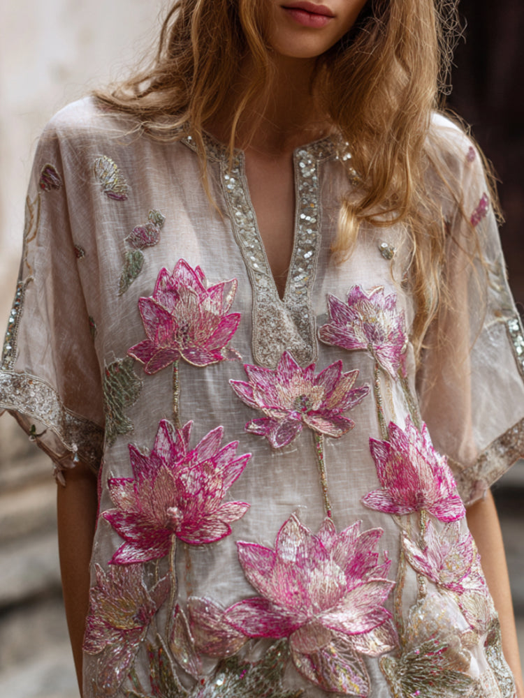 Bohemian Style Pink Three-dimensional Embroidery Gradient Multi-layer Lotus Flower Sequin Embellishment Light And Thin Vintage Short Sleeve V-neck Top elevenforest