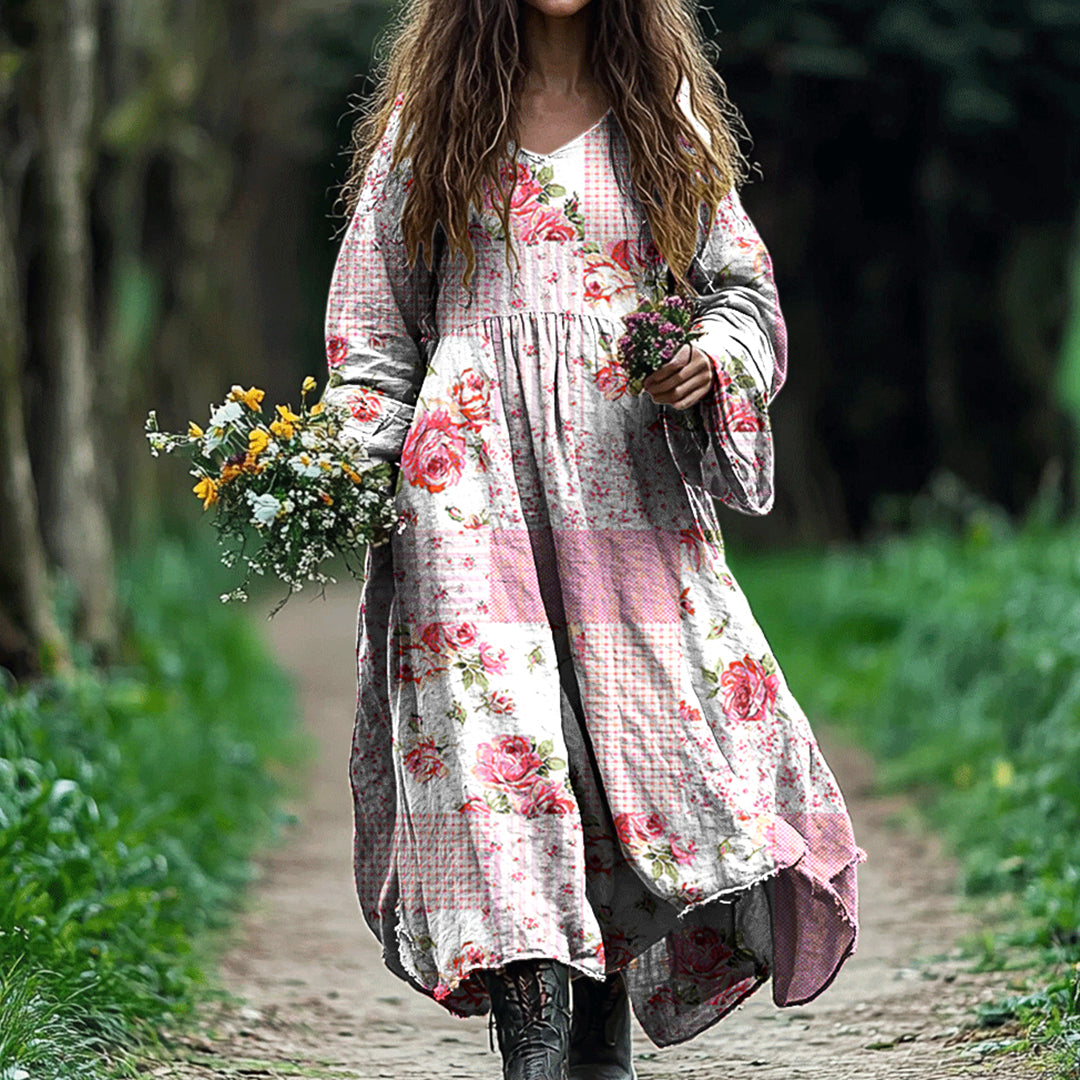 Vintage Floral Art Cotton Linen Comfy Maxi Dress elevenforest