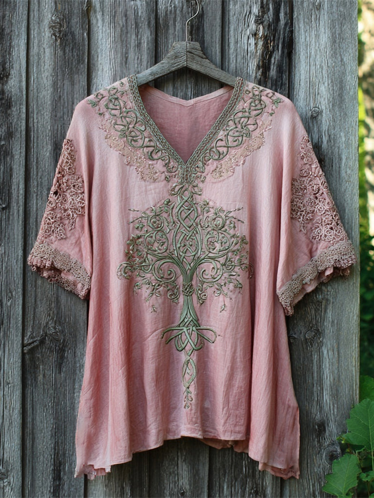 Nordic Tree Of Life Women's Linen V-neck Shirt elevenforest