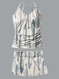 V-Neck Ocean Sardines Print Suspender Skirt Tankini Pantskirt Set Swimsuit