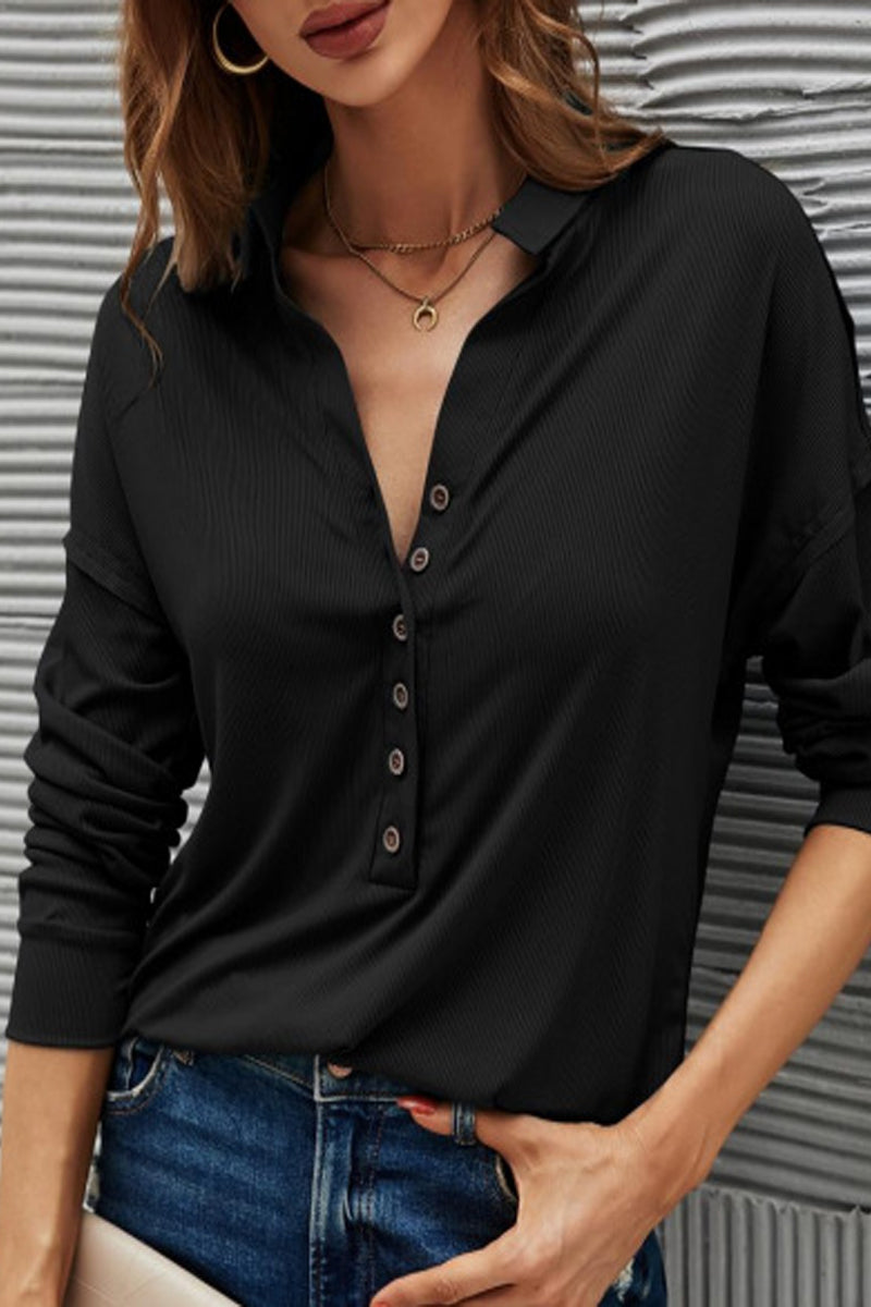 Buttons Color Turndown Collar T-shirts