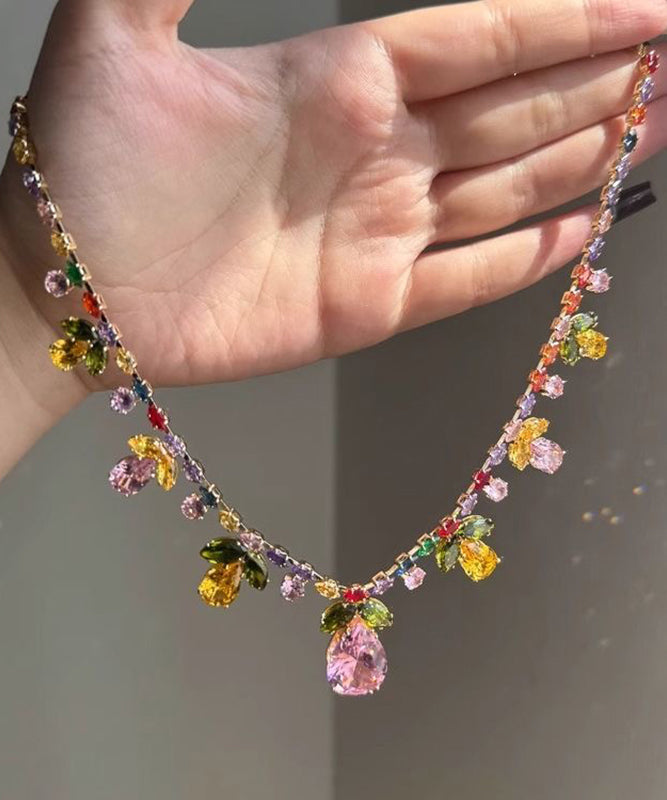Diy Rainbow Alloy Crystal Leaf Water Droplet Pendant Necklace