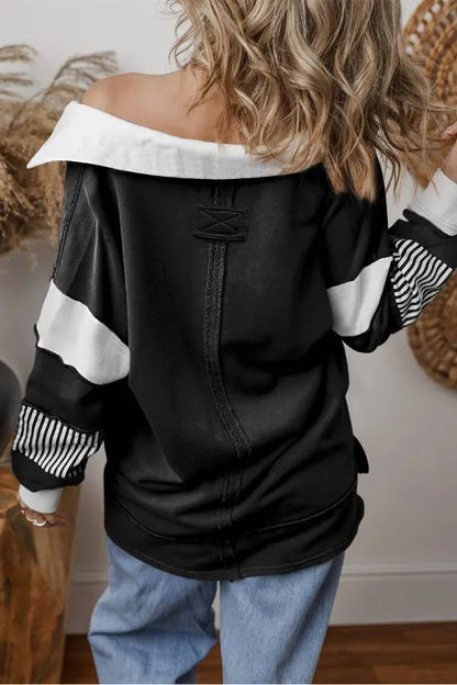Light French Beige Striped Patchwork Collar Sweatshirt