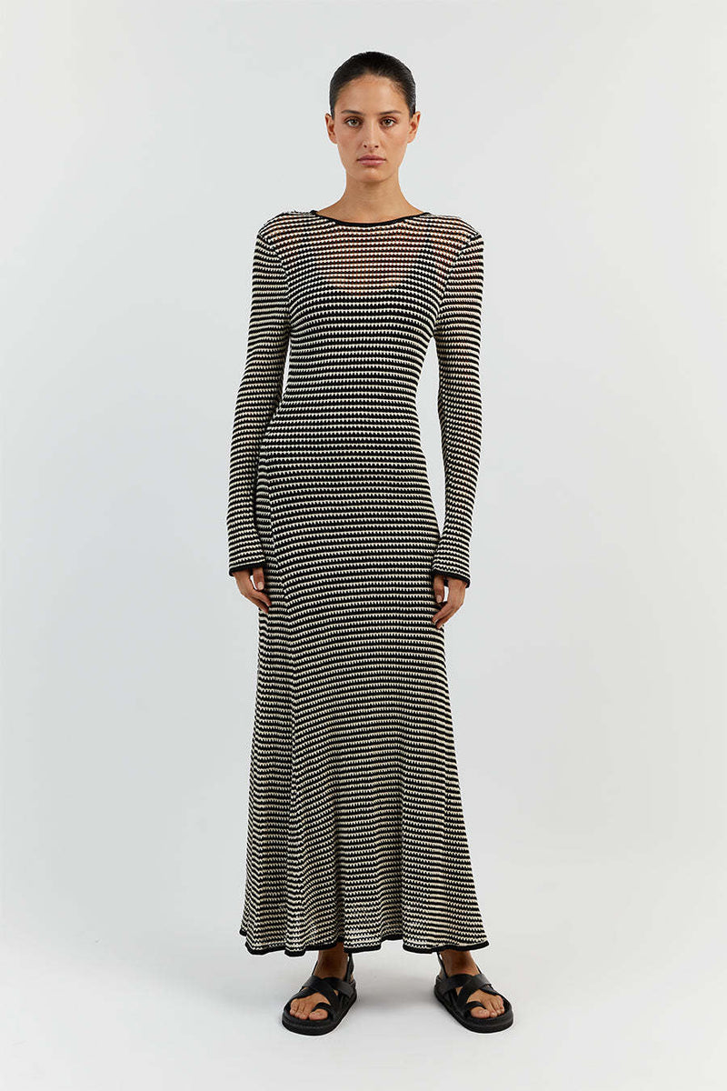 Mesh Striped Beach Vacation Maxi Dress Hollow Out Cutout Blouse Summer