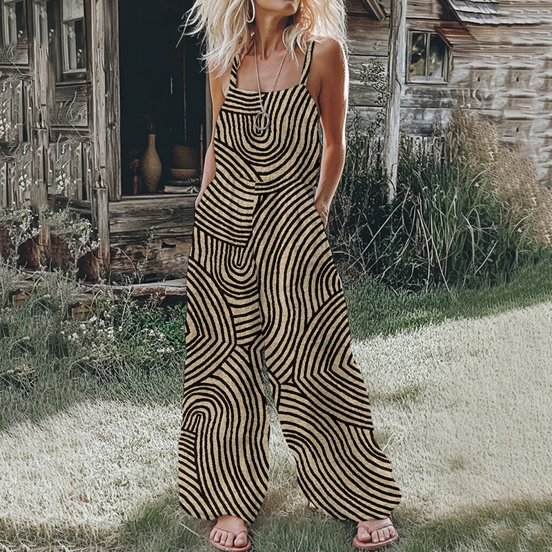 Vintage Stripe Pattern Women's Linen Blend Loose Fit Comfy Jumpsuit elevenforest