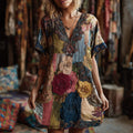 Bohemian Three-dimensional Patchwork Flower Embroidery Pattern Vintage V-neck Short-sleeved Long Dress elevenforest