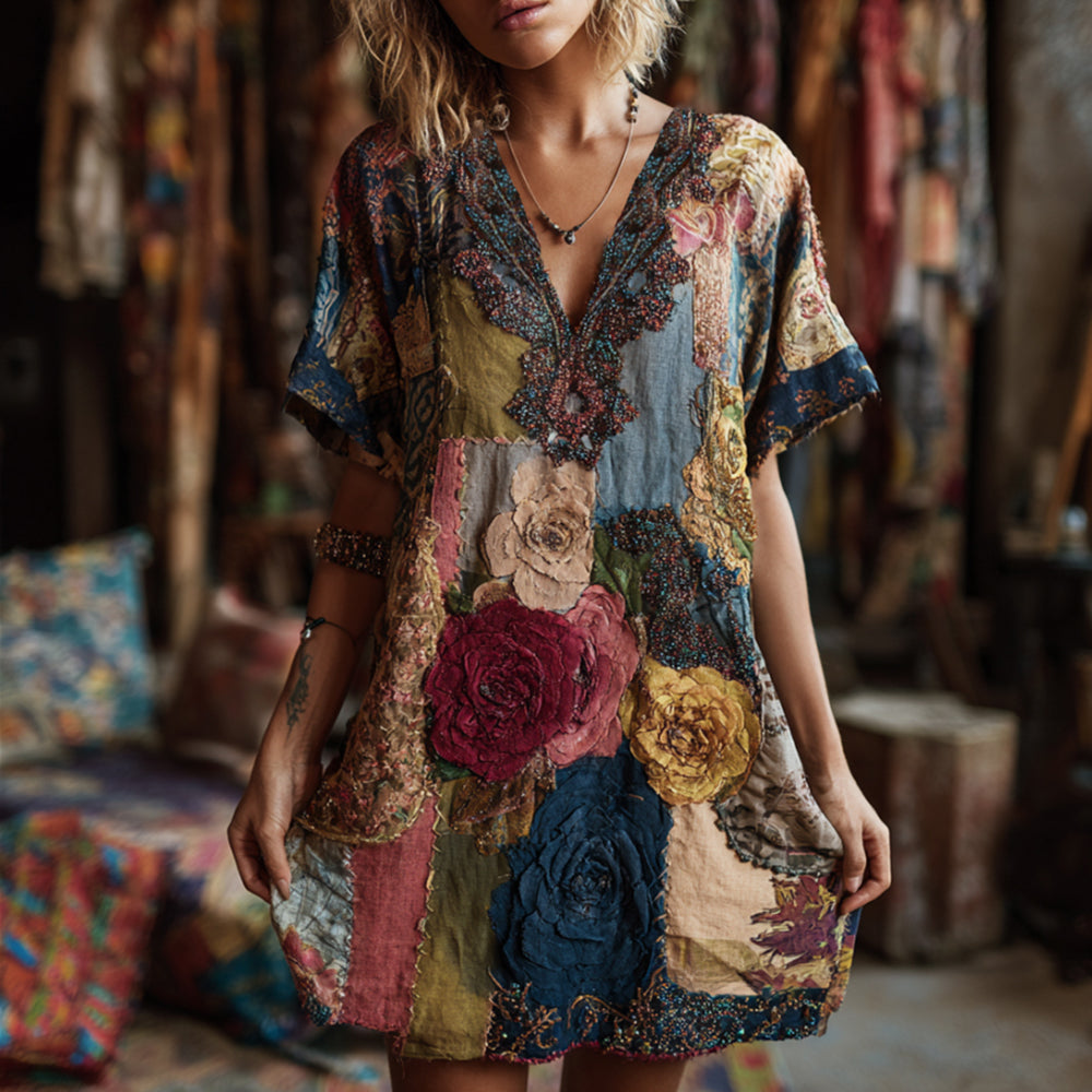 Bohemian Three-dimensional Patchwork Flower Embroidery Pattern Vintage V-neck Short-sleeved Long Dress elevenforest