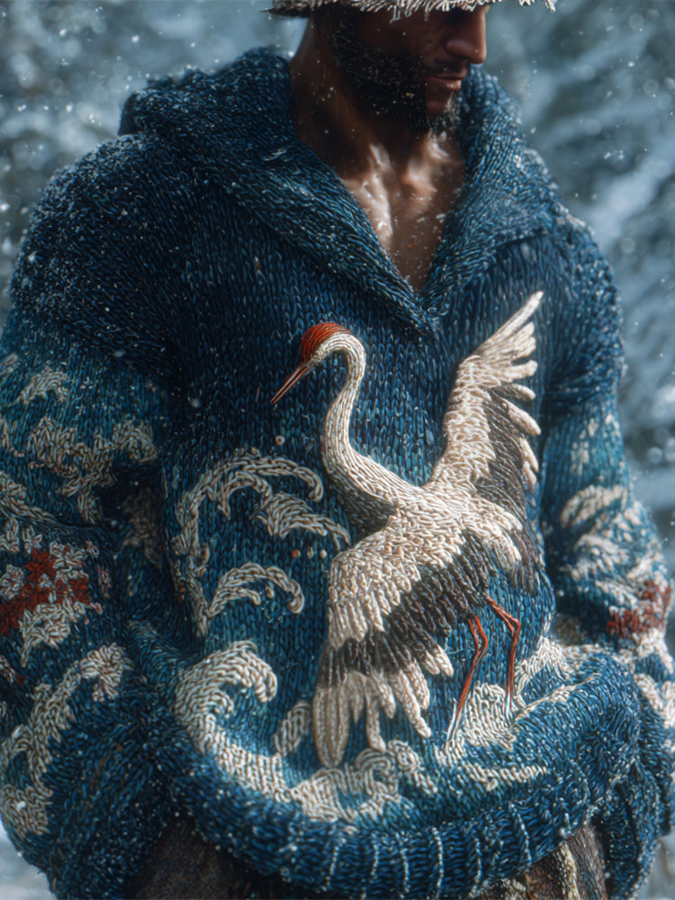 Japanese Crane & Wave Men's Knit Hooded Sweater artswardrobe
