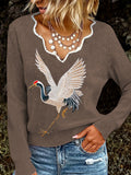 Winged Crane Pattern Cozy Knit Wave Neck Sweater elevenforest