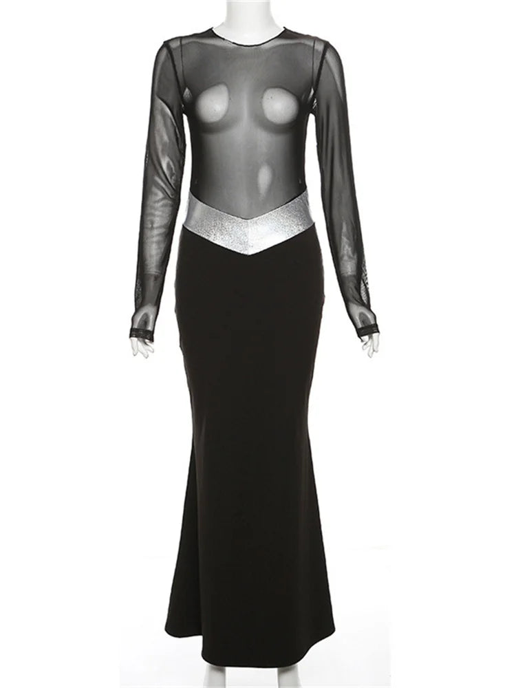 Tossy Black See-through Mesh Maxi Dress Female Patchwork Mesh Long Sleeve Slim Party Dress Gown ’s Long Dress