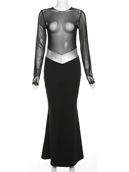 Tossy Black See-through Mesh Maxi Dress Female Patchwork Mesh Long Sleeve Slim Party Dress Gown ’s Long Dress