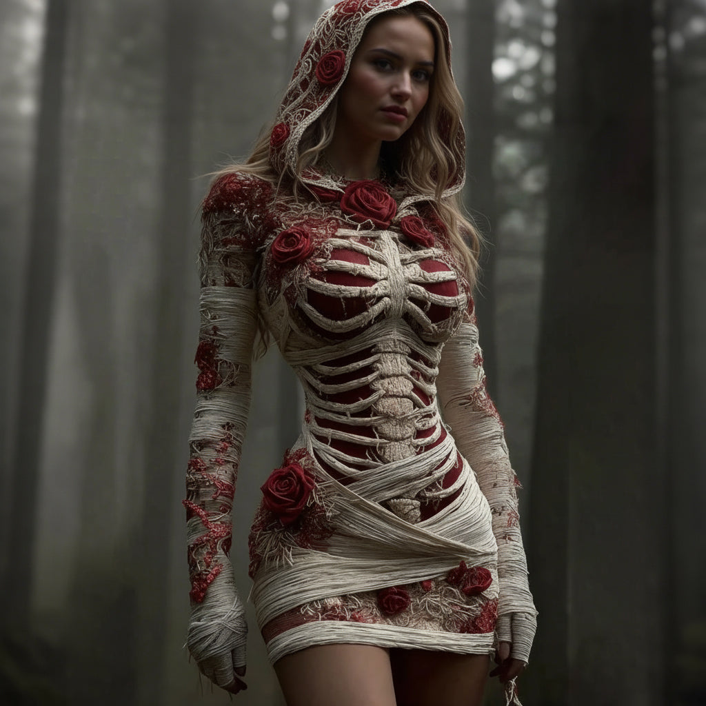 Women's Vintage Red Rose Skeleton Art Knit Hooded Mini Sweater Dress artswardrobe