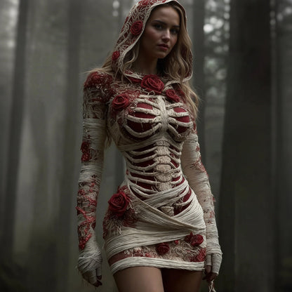 Women's Vintage Red Rose Skeleton Art Knit Hooded Mini Sweater Dress artswardrobe
