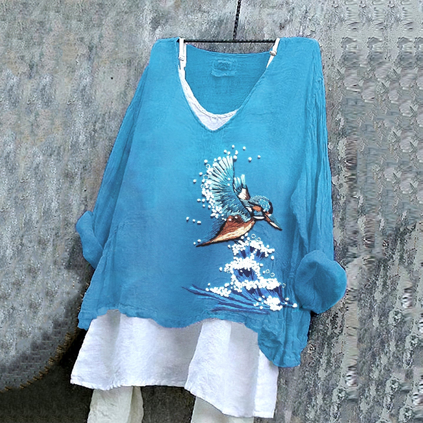 Women's Ocean Birds Kingfisher Embroidery Art Cotton And Linen Shirt elevenforest