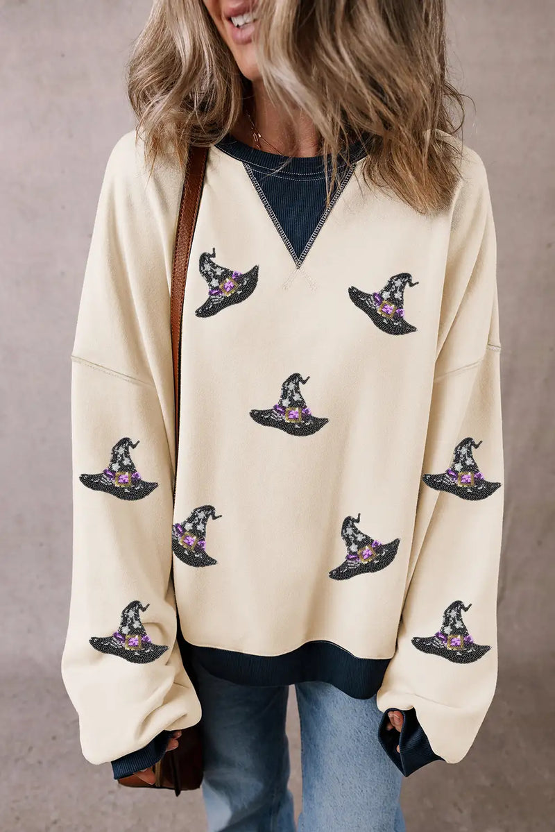 Colorblock White Witch Hat Patched Oversized Sweatshirt