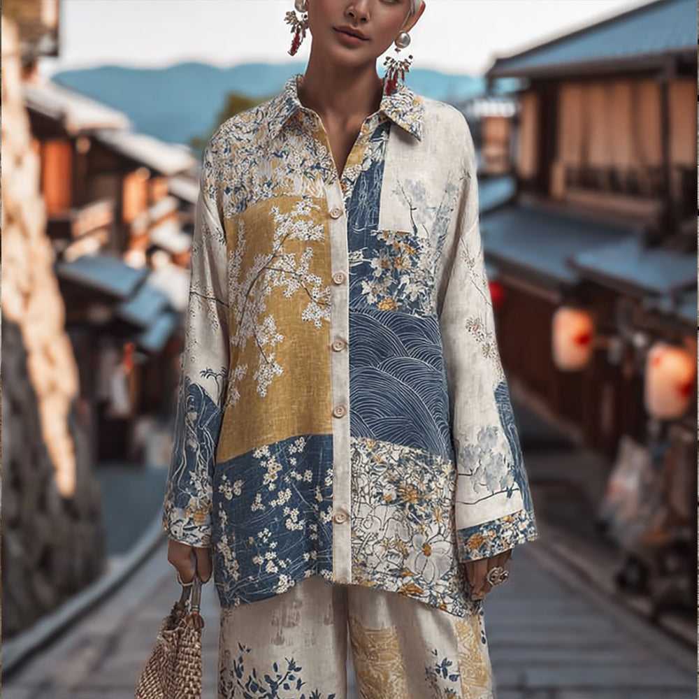 Women's Japanese Traditional Floral Patchwork Art Printed Linen Long Sleeve Shirt elevenforest