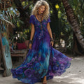 Women's Retro Purple Rose Gradient Pattern Short-sleeved Dress elevenforest