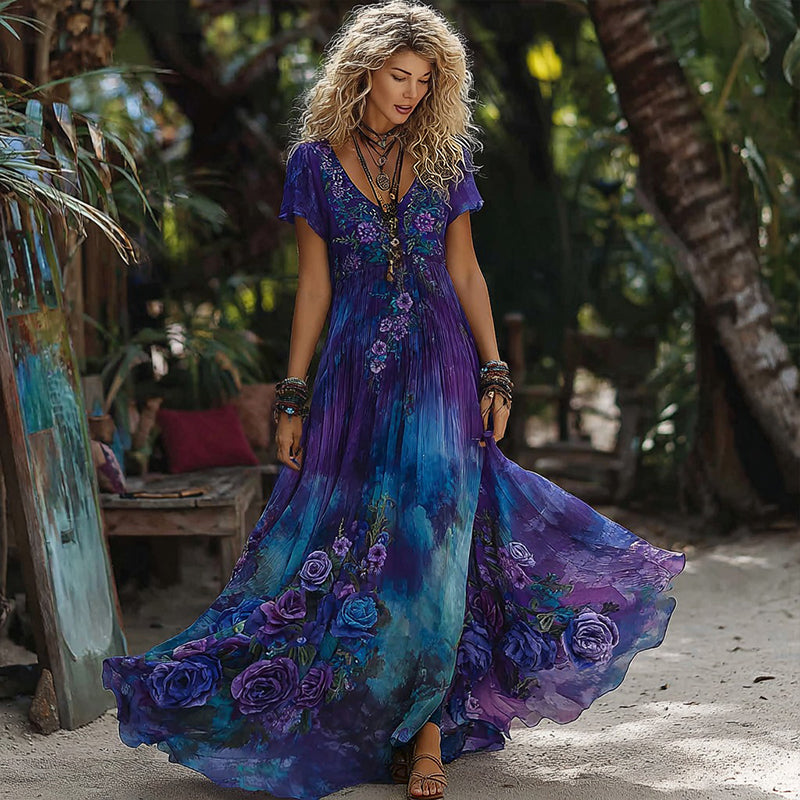 Women's Retro Purple Rose Gradient Pattern Short-sleeved Dress elevenforest