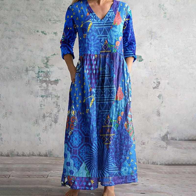 Comstylish Geometric Print V-Neck Casual Loose Midi Dress