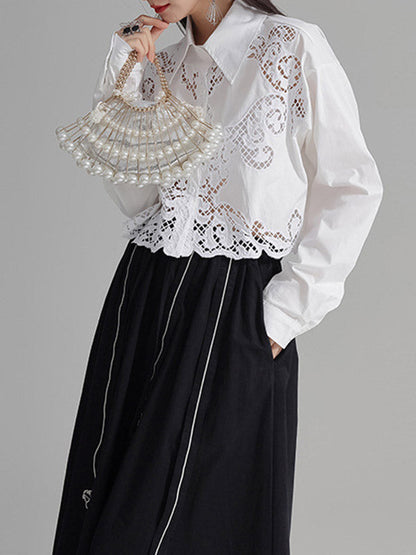 Long Sleeves Loose Buttoned Hollow Color Lapel Blouses&shirts Tops