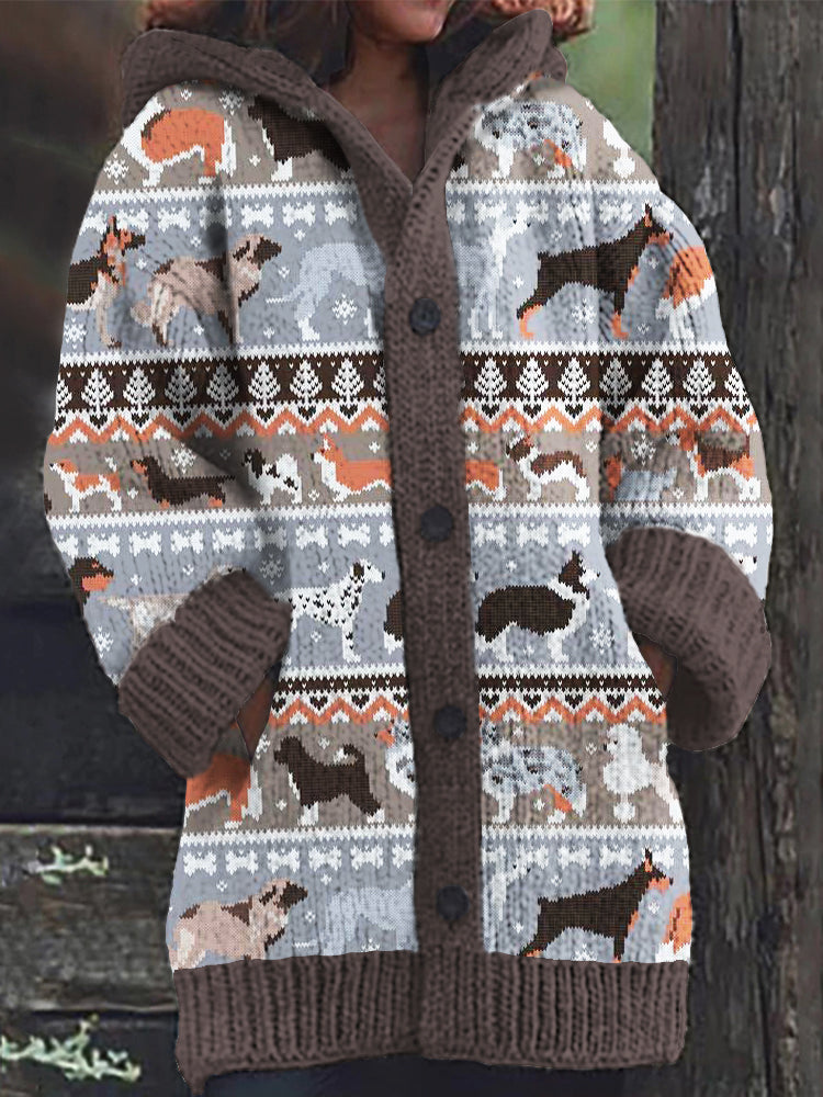 Christmas Pet Dogs Icelandic Style Women's Hooded Knit Sweater elevenforest