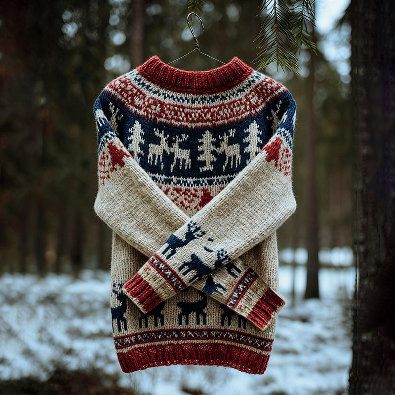 Comstylish Vintage Christmas Deer Icelandic Knit Jacquard Warmth Crew Neck Sweater（unisex）