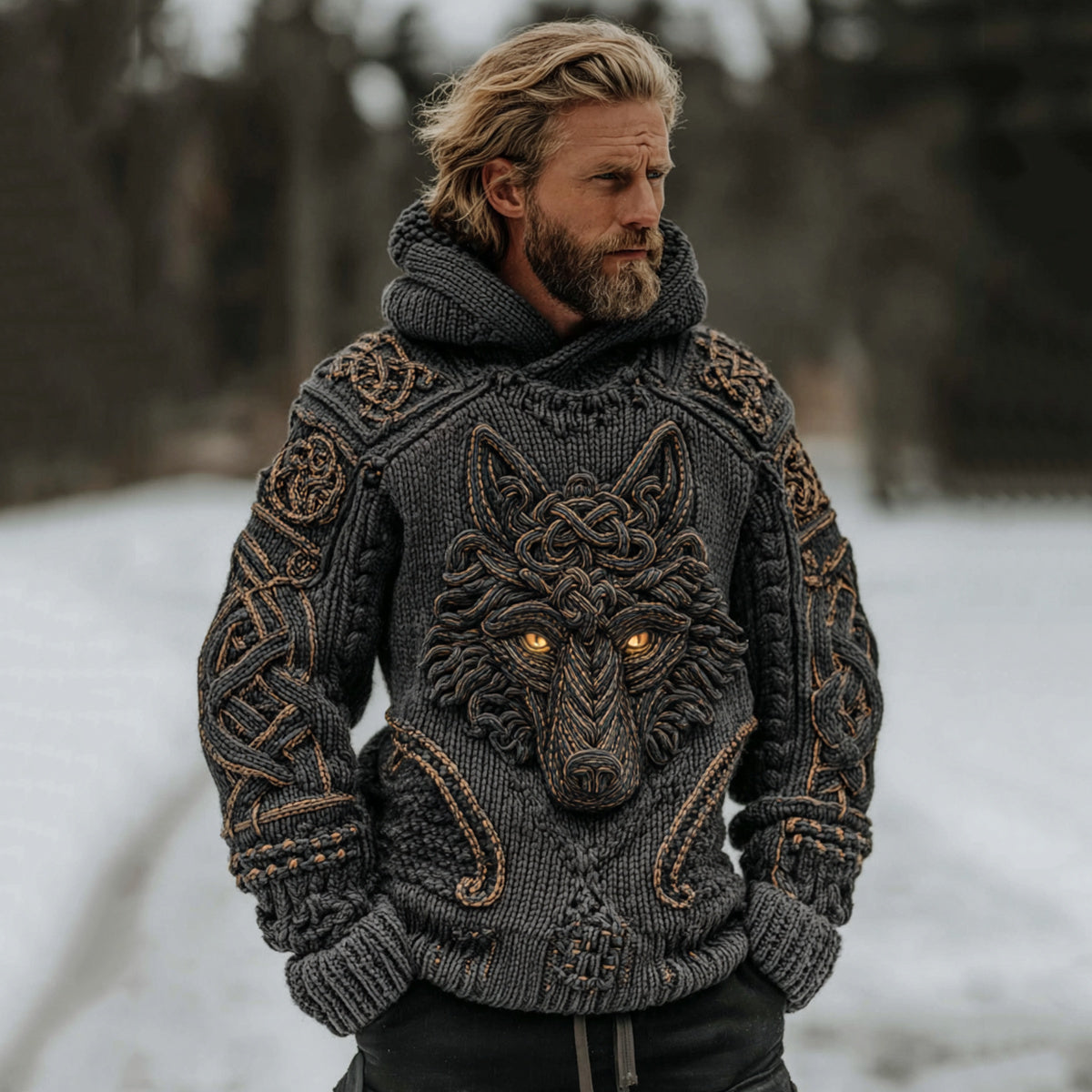 Men's Vintage Viking Celtic Knot Wolf Cozy Knit Hooded Sweater artswardrobe