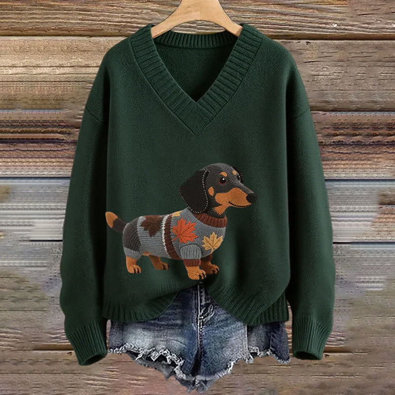 Comstylish Vintage Dachshund Felt In Gradient Art Inspired Embroidered Cozy Knit Sweater