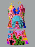 Colorful Flower V-Neck Vintage Flowers Print Suspender Skirt Tankini Pantskirt Set Swimsuit