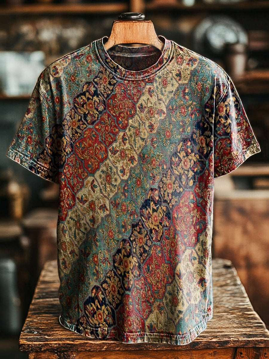 Unisex Retro Ethnic Collage Art Pattern Print Casual Loose Short Sleev