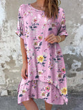 Women's Classic Floral Pattern Round Neck Cotton and Linen Dress